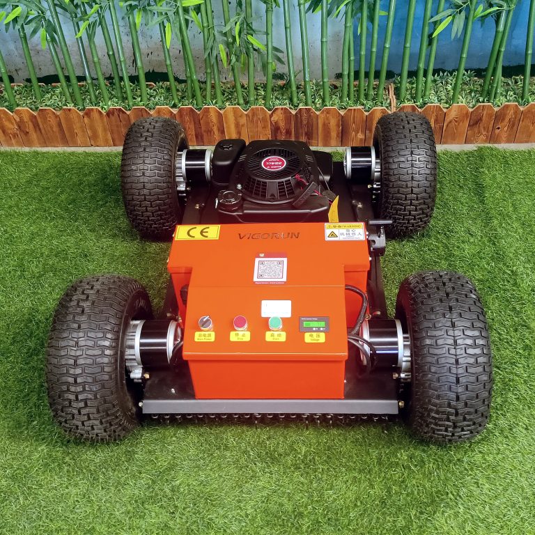 remotely controlled track-mounted lawn grass cutter made by Vigorun Tech, Vigorun cordless tracked weeder for sale