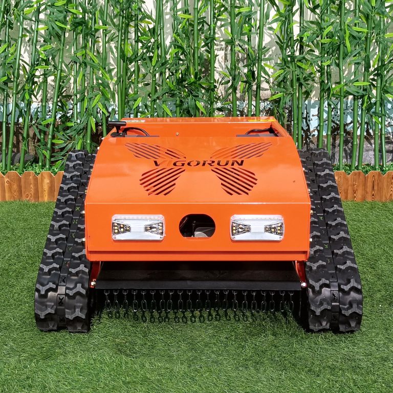 remotely controlled caterpillar weed reaper made by Vigorun Tech, Vigorun wireless track-mounted grass cutter machine for sale