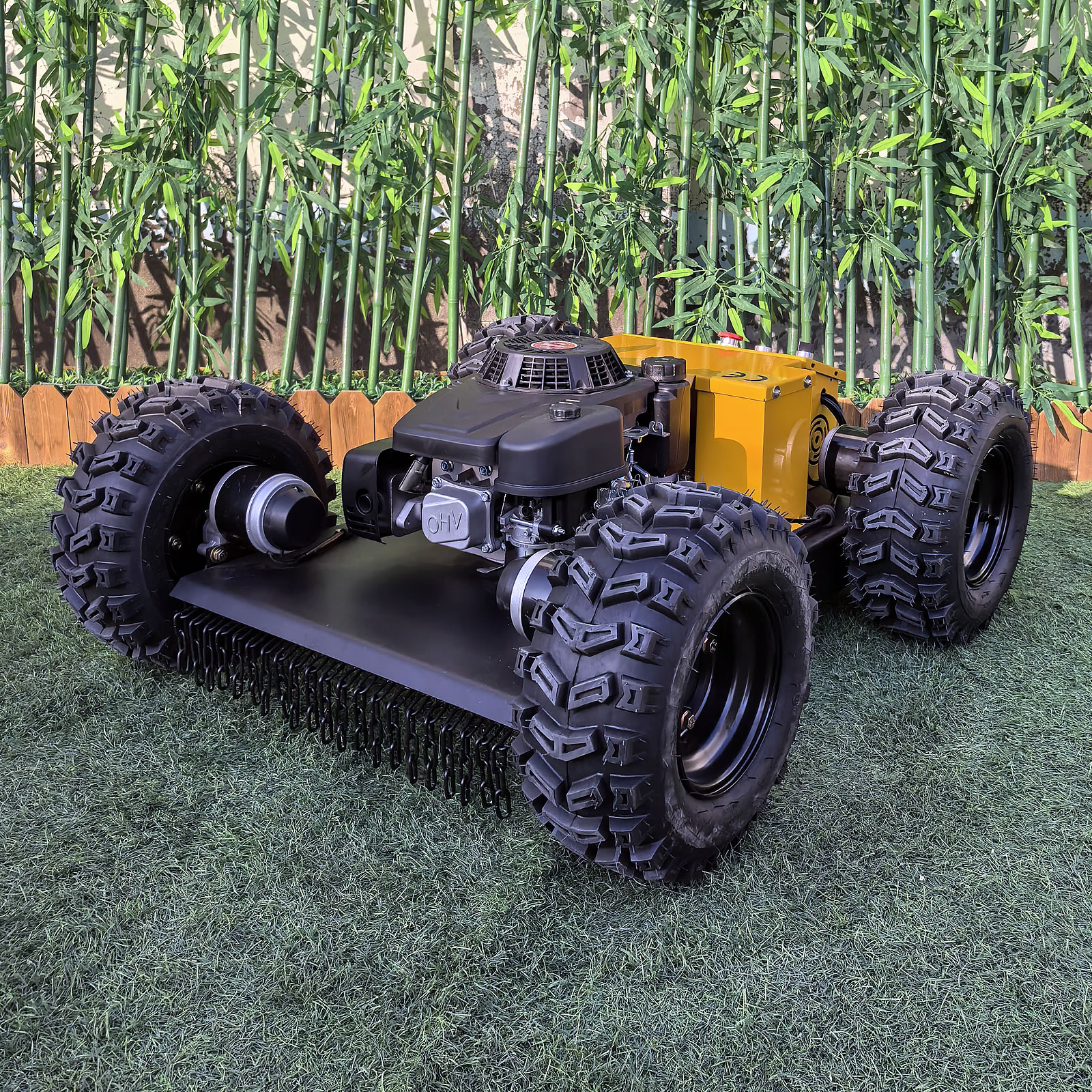 Yellow remote wheeled mower (VTW550-90) with brakes and vacuum tyres